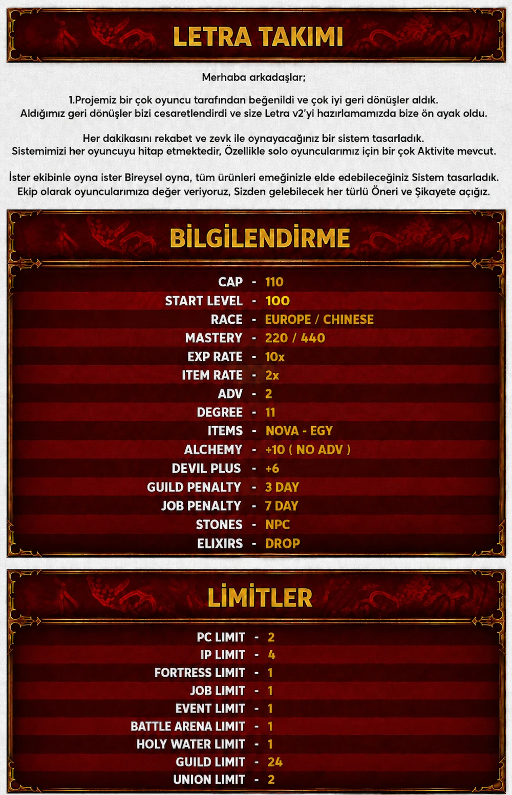 Letra Online - 110 Cap | 11 Dg | Orta Pvp Server | Grand Open : 21.05.2026