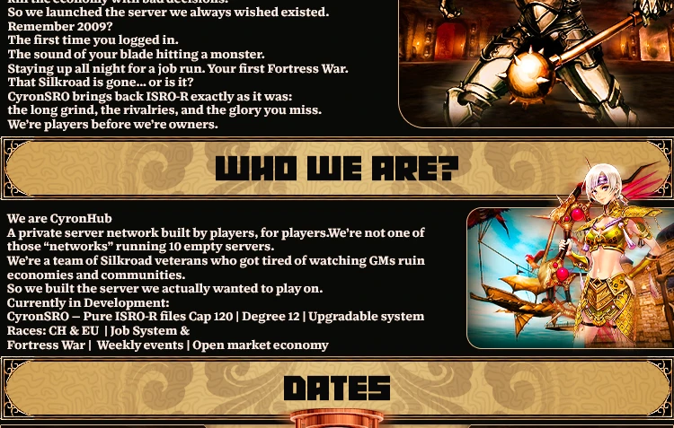 CyronSRO - CyronSRO | ISRO-R | CAP120 | Job System | Vote4Silk | Fortress War | Auto Caravan