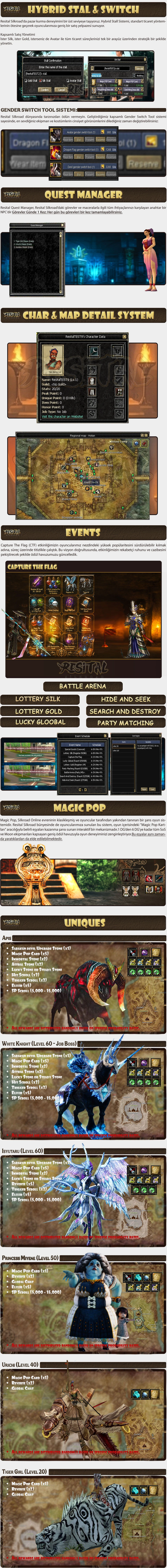 Resital Silkroad 60Cap - ⚔️ CAP: 60 Progressive | Race: Chinese Only
📚 Mastery Limit: 180 (Progressive)
🤖 Bots: Allowed
🛡️ Max Degree: 7dg 
💰 Drop System: Fully Enabled
🖥️ PC Limit: 2 | IP Limit: 4
🎌 Job & FTW PC Limit: 1