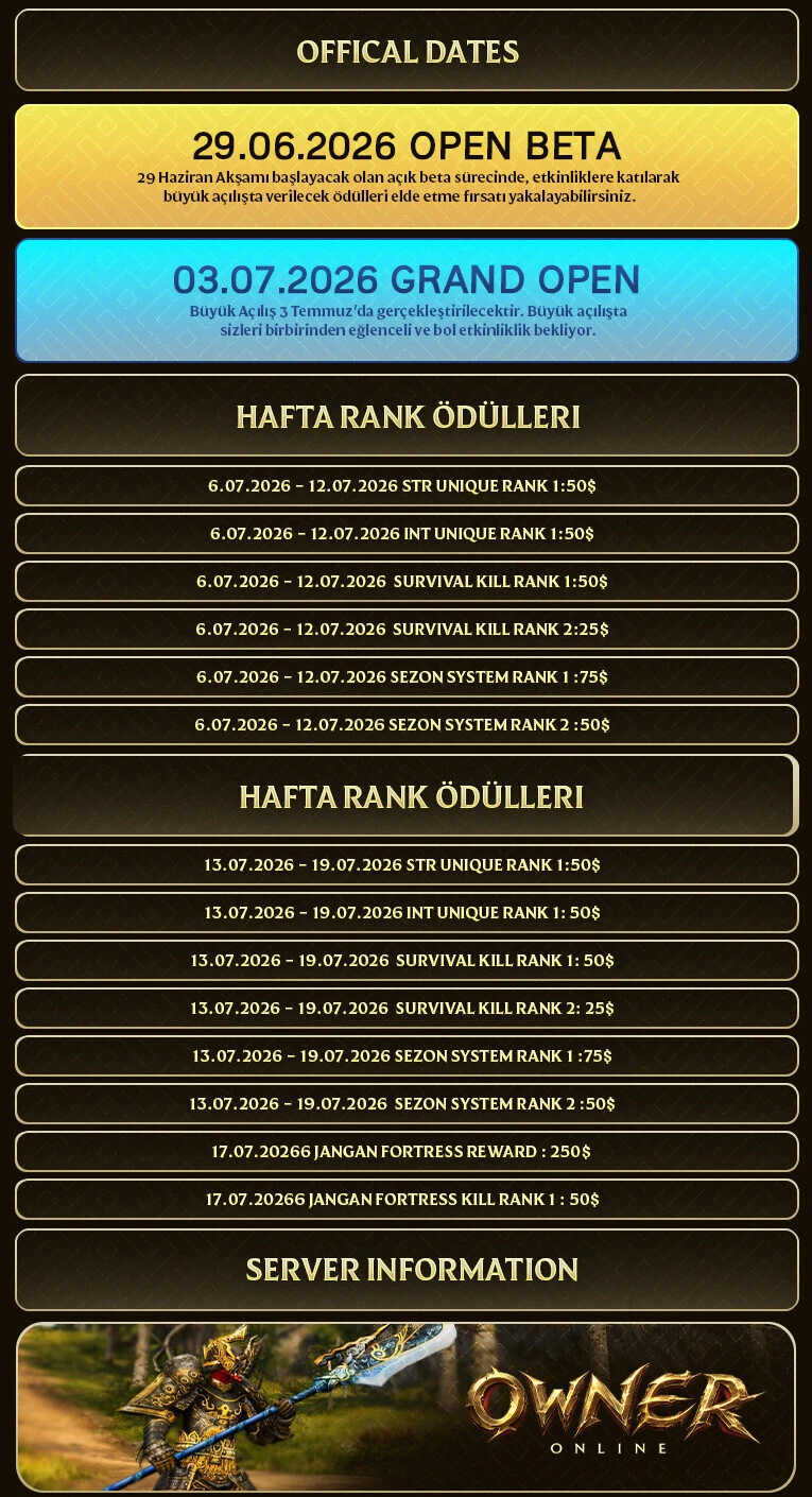 Owner Online - 100 Cap CH | Drop Sistem | Job Tabanlı | Play2Win | Beta: 29.06 - Açılış: 03.07