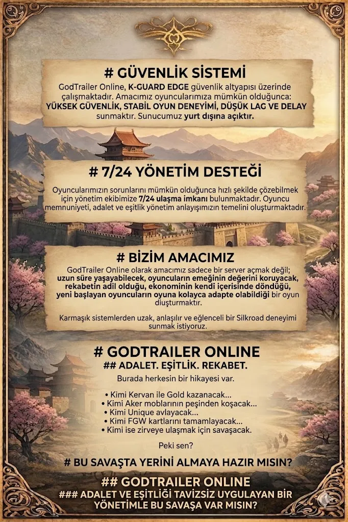 Godtrailer Online - 120 CAP | PvP | 13 DG +11 %100 Stat Başlangıç | 14 DG FGW Sistem | %10 Premium & Devil Ücretsiz