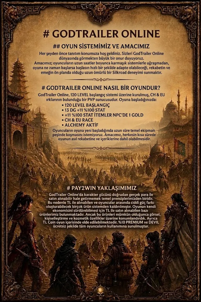 Godtrailer Online - 120 CAP | PvP | 13 DG +11 %100 Stat Başlangıç | 14 DG FGW Sistem | %10 Premium & Devil Ücretsiz