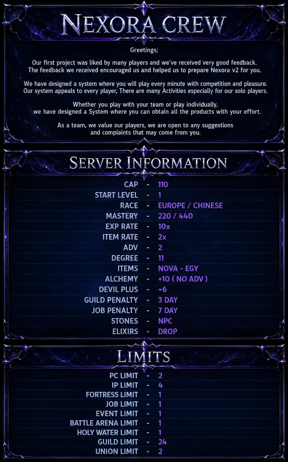 Nexora Online - 110 CAP | EU&CH | Silk & Drop Sistem | Job Tabanlı | Full Aktivite