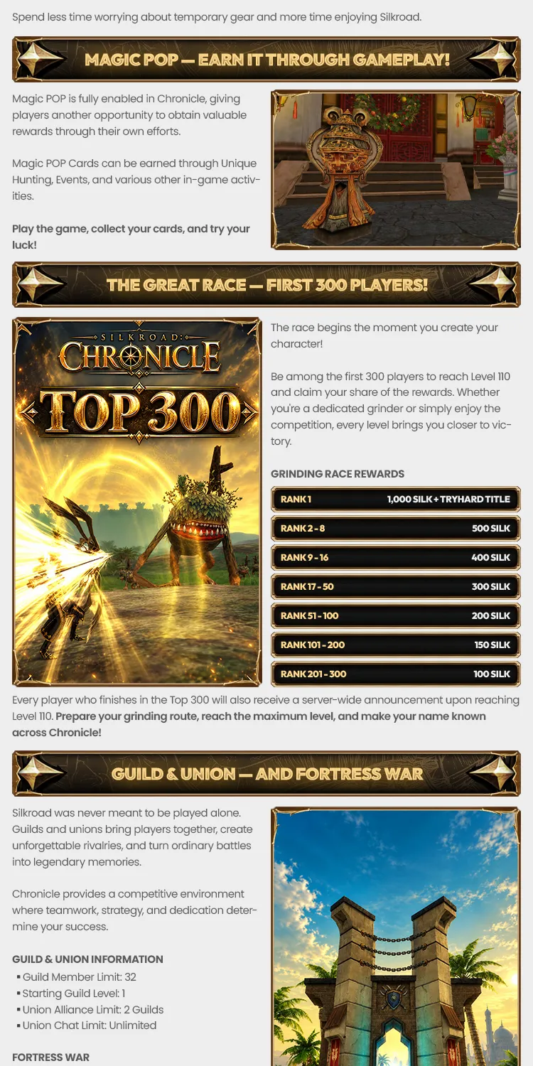 Silkroad Chronicle - 110 CAP | EU&CH | Classic Silkroad Experience | No Silk Scrolls | Open Market | Zerk Quests