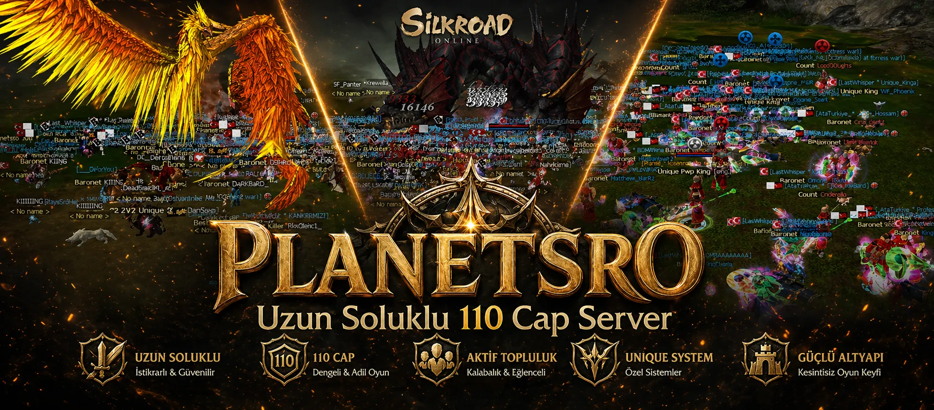 Planetsro Online - 12 Yıldır kesintisiz Açık Server - 110 Cap ve Orginale yakın Sistem - Kolay ve Yarı Emek - Nova +12 FF itemler Npc'de Ücretsiz - Free Silk Eski Tarz Server