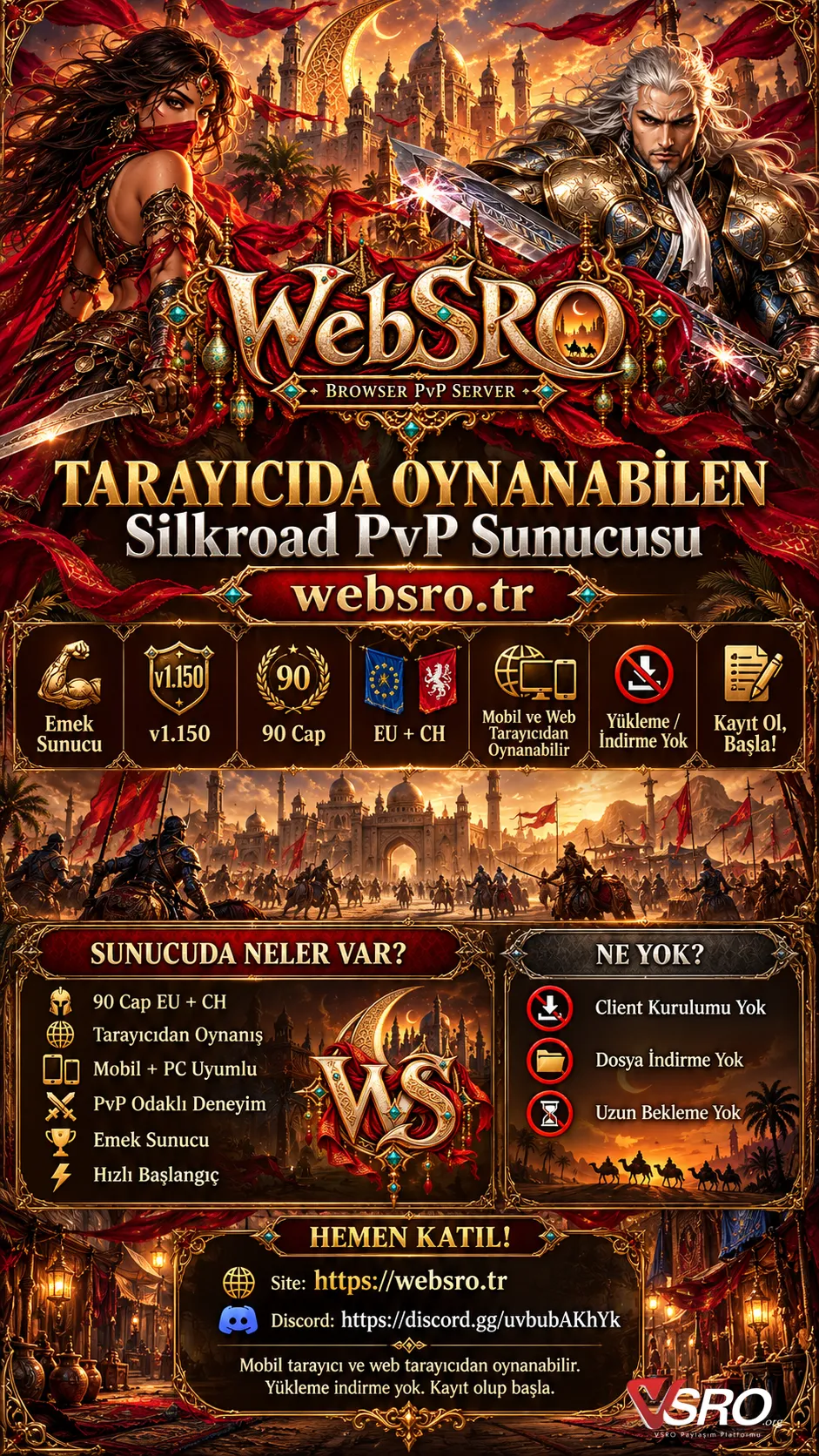 WebSro - Tarayıcı tabanlı mobil + PC Destekli indirme olmadan oynayanabilir Türkçe ve İngilizce Desteği + Oyun içi bot desteğiyle Silkroad PVP Sunucusu
90 CAP Eu | Ch Free Saat başı 50 silk + başlangıçta 300 silk ücretsiz